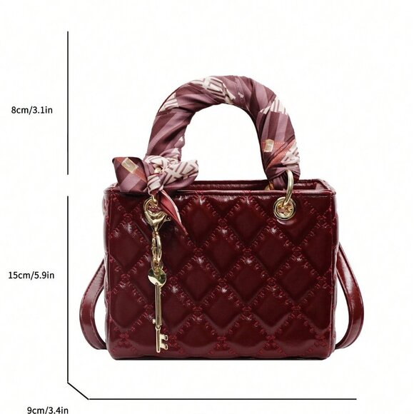 Burgundy Vintage Women's Diamond Grid Crossbody Handbag - Picture 2 of 10